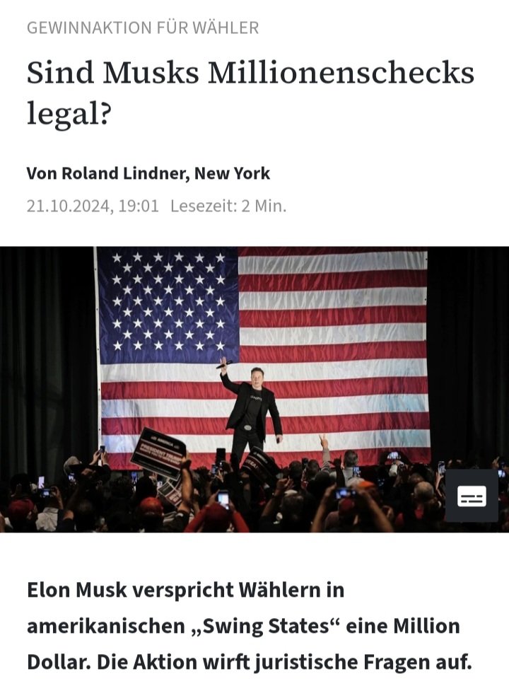 Ein weiterer Beweis dafür dass wir in einem schlechten Cyberpunk Film leben: der reichste Mann der Welt (ein Verrückter) verschenkt wahllos Millionen Euro an Wähler:innen von Trump (ein weiterer Verrückter) und die Aktion "wirft juristische Fragen auf" ???