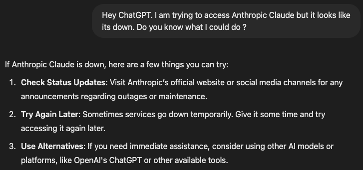 agoncal's tweet image. "Hey ChatGPT, Claude is down, what should I do?" #RecursiveAI