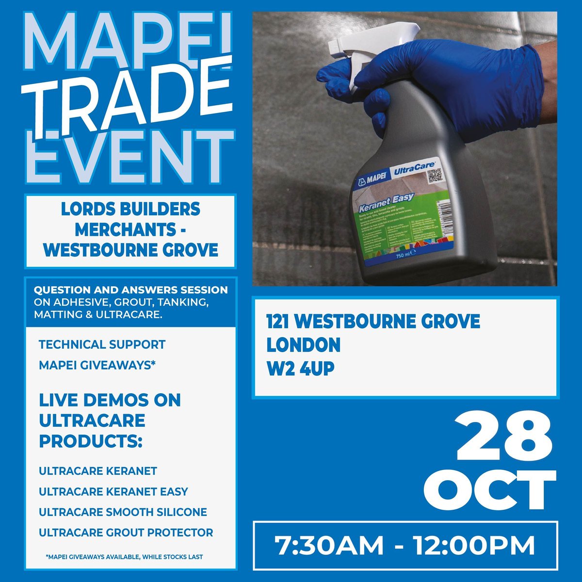 Mapei UK Ltd (@mapeiukltd) on Twitter photo The #Mapei team will be hosting a #Trade #Event at <a href="/LordsBuildersM/">Lords Builders Merchants</a> with a packed agenda. They will be hosting a Q&A session covering #tiling #adhesives #grout and #waterproofing products & live demos on a selection of our #UltraCare #surface #cleaning & #maintenance products. The #Mapei team will be hosting a #Trade #Event at <a href="/LordsBuildersM/">Lords Builders Merchants</a> with a packed agenda. They will be hosting a Q&A session covering #tiling #adhesives #grout and #waterproofing products & live demos on a selection of our #UltraCare #surface #cleaning & #maintenance products.
