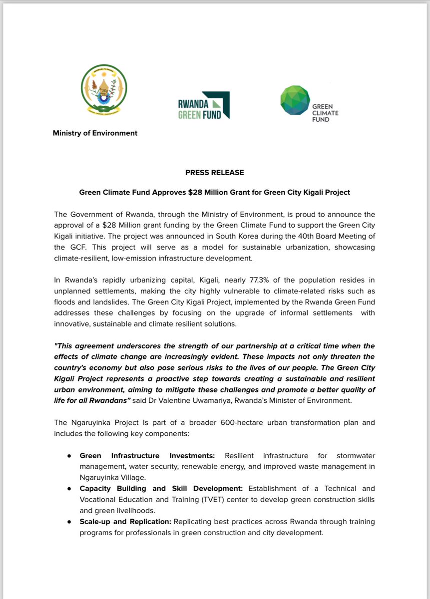 Ministry of Environment - Rwanda (@environmentrw) on Twitter photo The Government of Rwanda, through the Ministry of Environment, is proud to announce the approval of a $28 Million grant funding by the <a href="/theGCF/">Green Climate Fund</a> to support the Green City Kigali initiative.
You can read the Press Release: ππΏ
environment.gov.rw/index.php?eID=β¦ The Government of Rwanda, through the Ministry of Environment, is proud to announce the approval of a $28 Million grant funding by the <a href="/theGCF/">Green Climate Fund</a> to support the Green City Kigali initiative.
You can read the Press Release: ππΏ
environment.gov.rw/index.php?eID=β¦