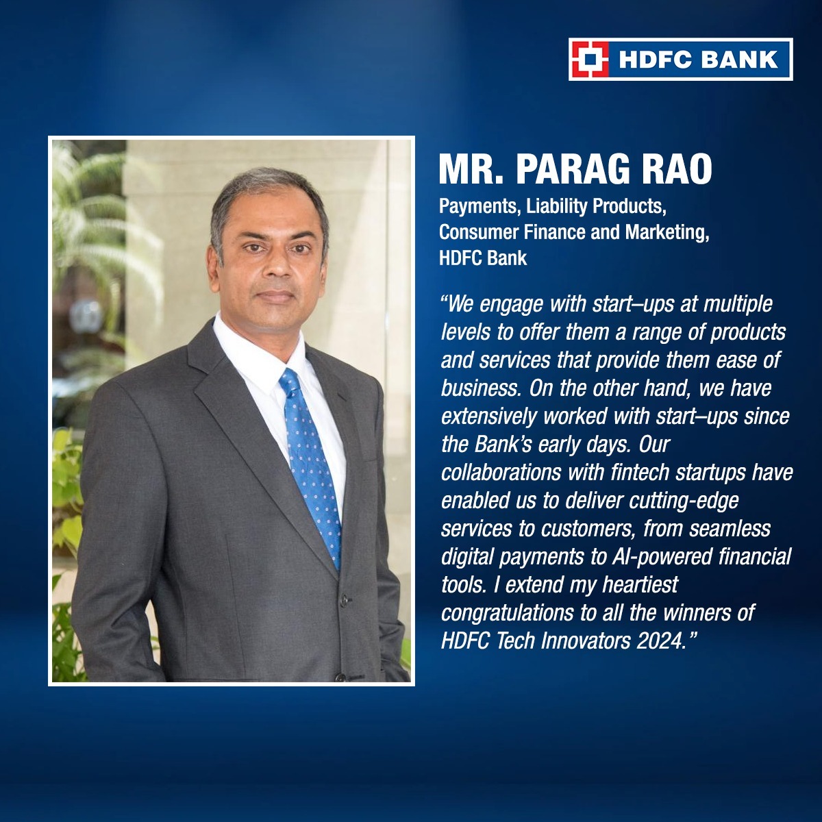 Parag Rao, HDFC Bank on engagement with start ups HDFCTechInnovators Tech Startups HDFCBank HDFCLIFE, HDFCERGOGIC ...