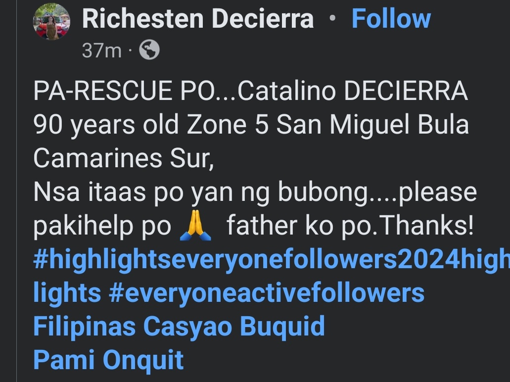 _thikinini's tweet photo. PA-RESCUE PO...Catalino DECIERRA 90 years old Zone 5 San Miguel Bula Camarines Sur, 
Nsa itaas po yan ng bubong

#RESCUEPH #KristinePh https://t.co/97UTDbzMK8