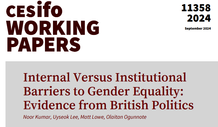 CESifoNetwork's tweet photo. Internal Versus Institutional Barriers to Gender Equality: Evidence from British Politics | Noor Kumar, Uyseok Lee, @hmmlowe  Olaitan Ogunnote
#econtwitter 
https://t.co/bY3fwRAdHG https://t.co/FryKQ9vMsC