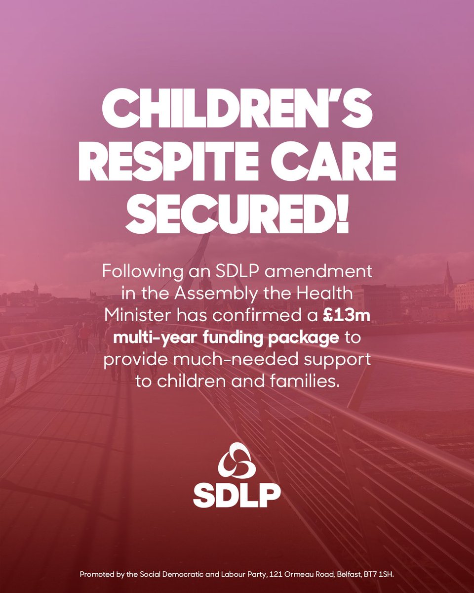 SDLPlive's tweet photo. Children's Respite Care Secured!

Following our efforts in the Assembly we are delighted by today's announcement confirming £13m to provide much-needed respite support for children and families. https://t.co/szK1htY6eV