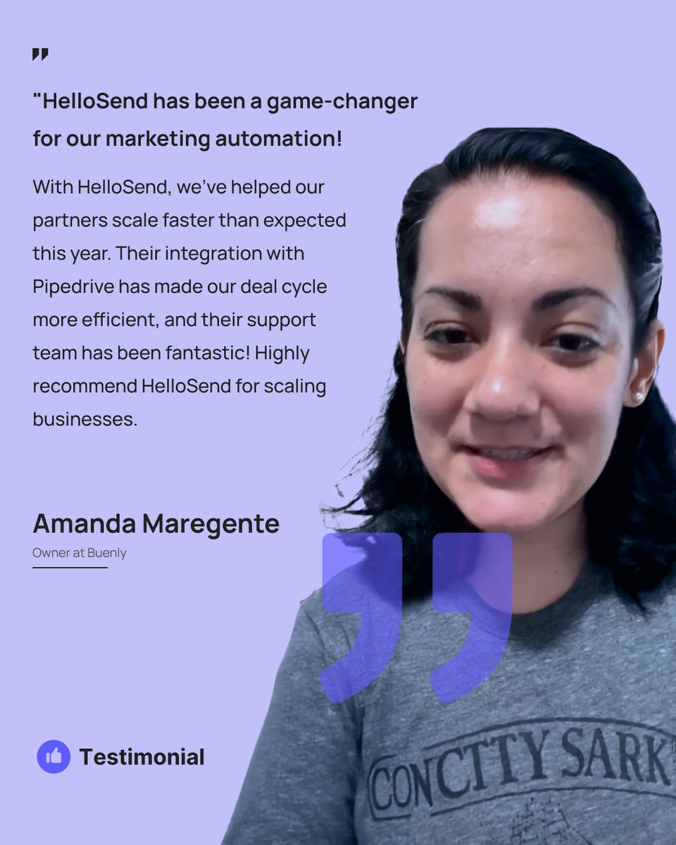 HelloSendHQ's tweet photo. Huge thanks to Amanda Maregente from Buenly for sharing how @HelloSendHQ has helped her business grow! 🚀 

In B2B and B2C, boost your deal flow with HelloSend’s SMS integration for Pipedrive!(https://t.co/FV3XOu3Ld6) 

#CustomerSuccess  @pipedrive 

https://t.co/7H3pnwOEgf https://t.co/bDNx8E6l0U