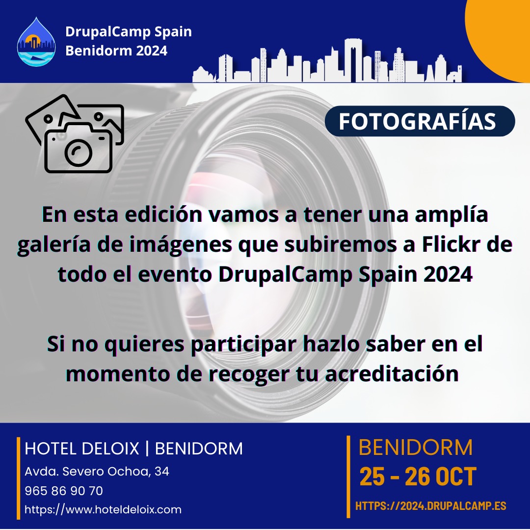 📸 ¡Capturamos los mejores momentos en la #DrupalCamp2024!

¿No quieres salir en las fotos?
 Solicita un landyard al recoger tu acreditación

⚫ Negro: ¡Me encanta salir en las fotos!
🔴 Rojo: Prefiero NO ser fotografiado.
🔵 Azul: Voluntarios/organización.

#Drupal