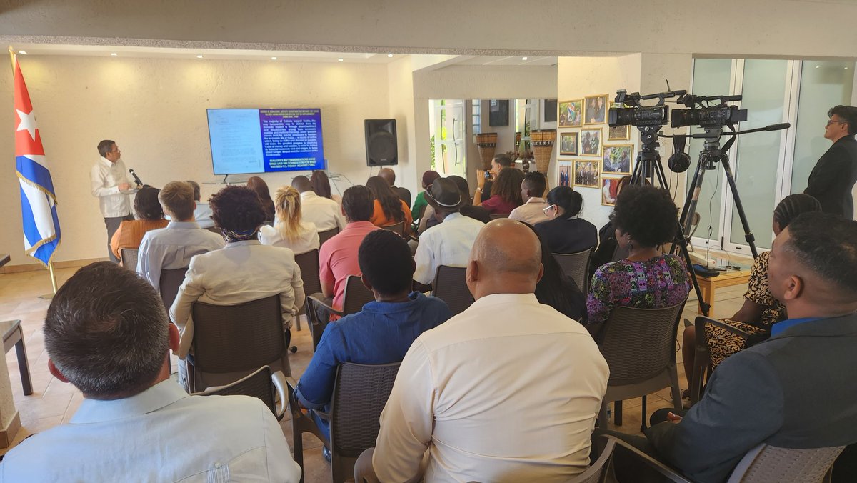 EmbaCubaNamibia's tweet photo. Cuban Ambassador🇨🇺 in Namibia🇳🇦 @svigoa1 offers Press Conference on the effects of the US #GenocidalBlockade on #Cuba and its arbitrary inclusion in the list of countries sponsoring terrorism https://t.co/k7IEAzIeCh