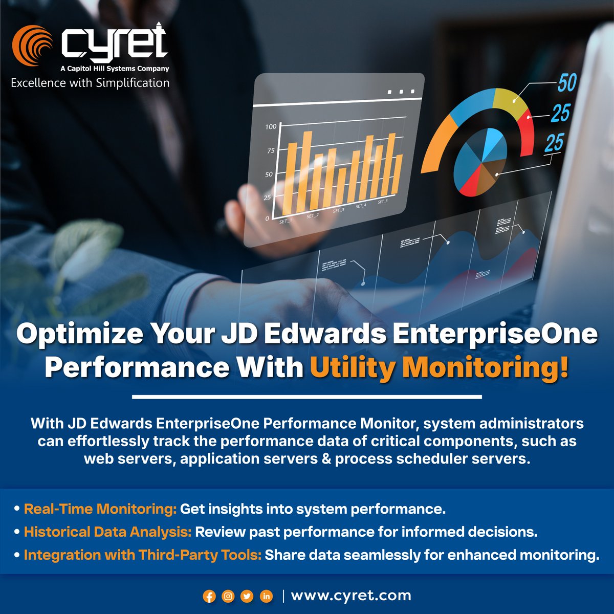 CyretTechnolog1's tweet image. Boost your JD Edwards EnterpriseOne performance with utility monitoring! The Performance Monitor helps track key components like web and application servers, offering real-time insights and historical data for smarter decisions.
#JDEdwards #UtilityMonitoring