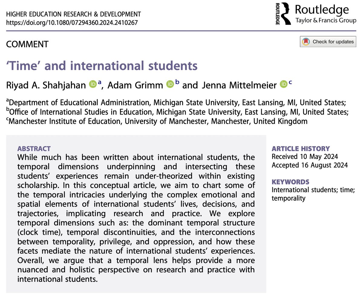 ‘Time’ and international students

Riyad A. Shahjahan, <a href="/AdamTGrimm/">Adam Grimm</a> &amp; <a href="/JLMittelmeier/">Jenna Mittelmeier</a>

→ doi.org/10.1080/072943…

#HigherEd #InternationalStudents #Time #Temporality #IntlEd