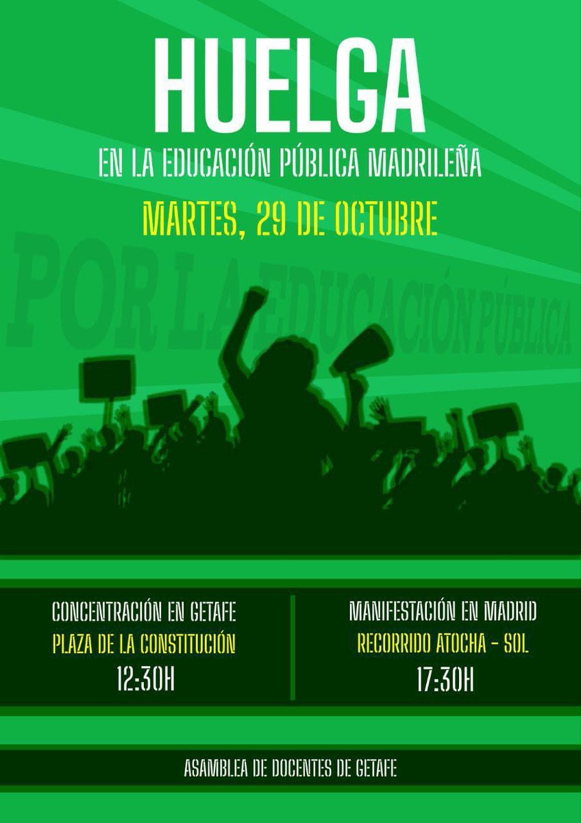 Acciones descentralizadas para el próximo 29 de octubre. 💥

Por la mañana, piquetes informativos y concentraciones en distintos puntos de la Comunidad de Madrid…

….Getafe, Carabanchel, Rivas, Vallecas, Alcalá de Henares…💪