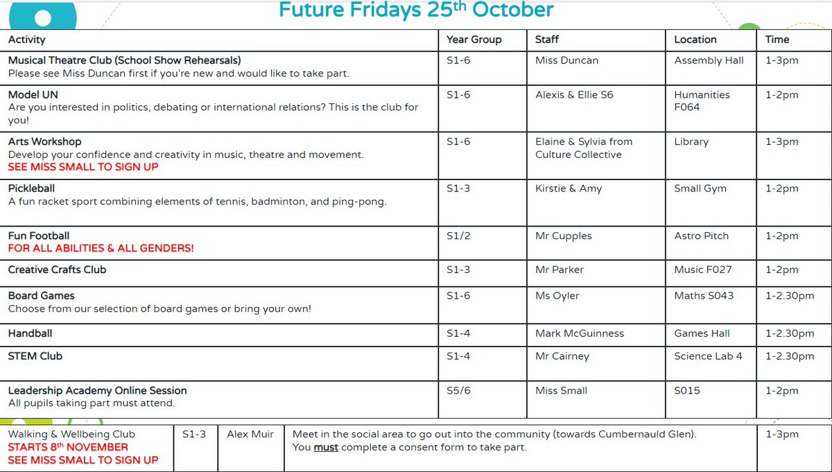 ⭐️FUTURE FRIDAYS 25TH OCTOBER⭐️
<a href="/CumbernauldAcad/">Cumbernauld Academy</a> 

🎭School Show
🌍Model UN
🎭Arts Workshop
🏓Pickleball
⚽️Fun Football
🤾‍♂️Handball
🎨Crafts
👩‍🔬STEM
🎲Board Games

Full details 👇