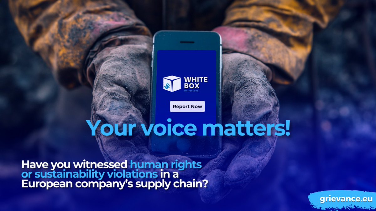 Worried about unsafe working conditions or environmental harm?  Speak up anonymously with WhiteBox! We help connect you with companies in Europe who are legally obligated to take action. Report now and make a difference! 

#SupplyChainJustice #HumanRights #EUCSDDD #Sustainability