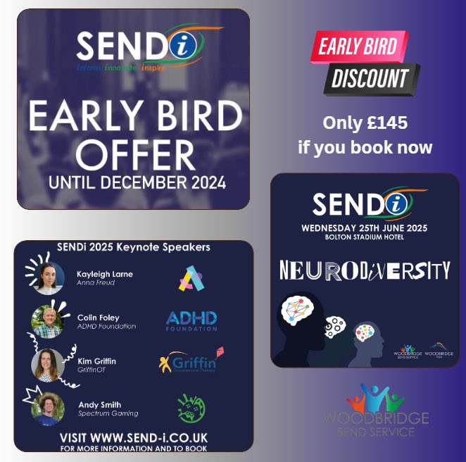 SENDi 25th June 2025 Early Bird offer.  Only £145 if you book now. send-i.co.uk 🐦
<a href="/WoodbridgeTrust/">WoodbridgeTrust</a> <a href="/FirwoodSchool/">Firwood High School</a> <a href="/ladywoodschool/">Ladywood School</a> <a href="/WB_College/">WoodbridgeCollege</a> <a href="/WoodbridgeSEND/">Woodbridge SEND Service</a>