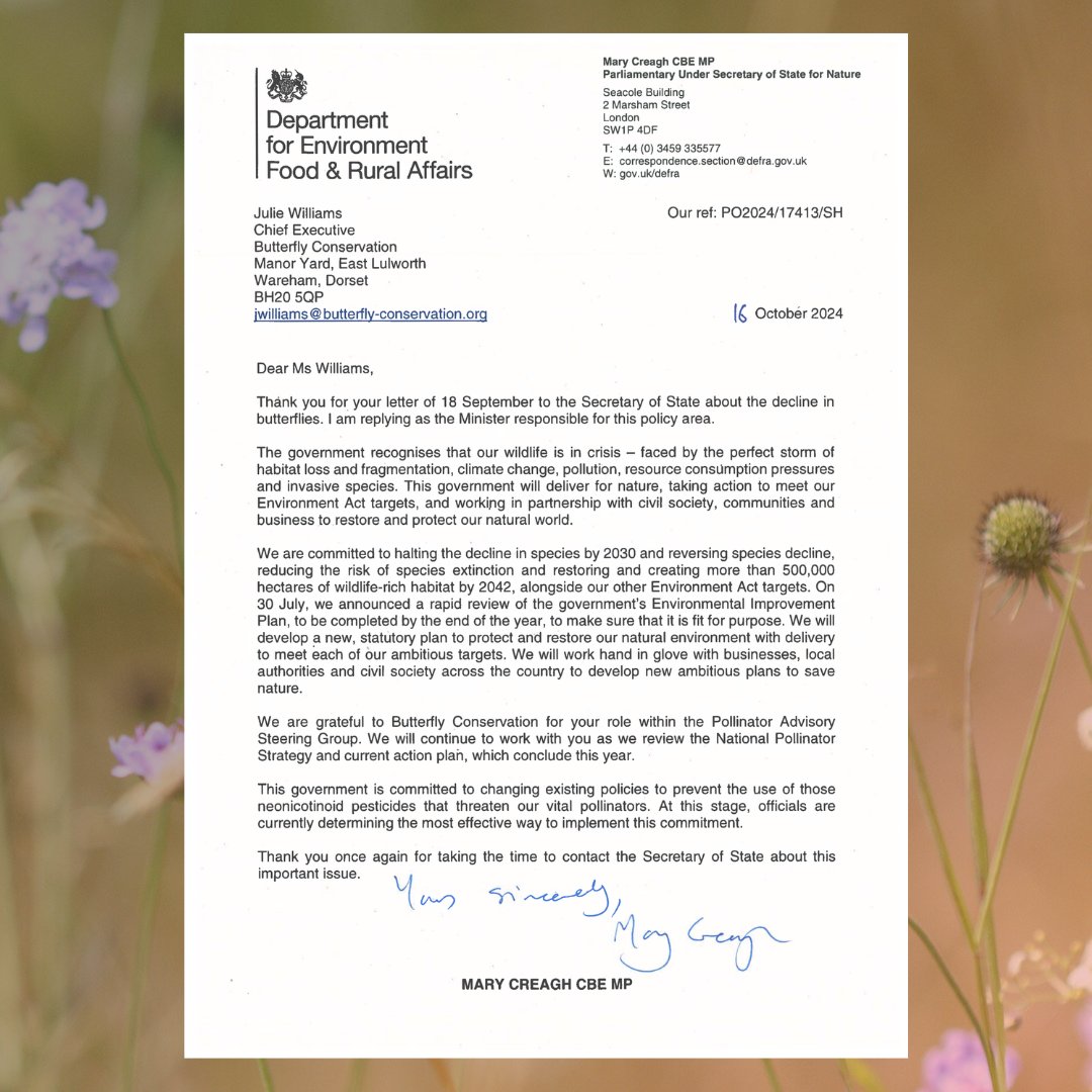 UPDATE: Defra respond – but nature needs action! 🚨🦋

A month has passed since a #ButterflyEmergency was declared, yet <a href="/DefraGovUK/">Defra UK</a>'s response remains vague stating ‘the government is committed to changing existing policies to prevent the use of neonicotinoids.’ 1/4