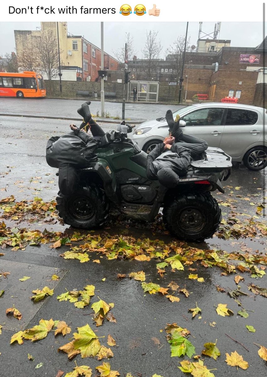 Burnley133's tweet image. A farmer in colne found these lads on electric motorbike ripping up his field. 

He arrested them and drove them hogtied to the police station.😭😭😭

The farmer was arrested.

#twitterclarets