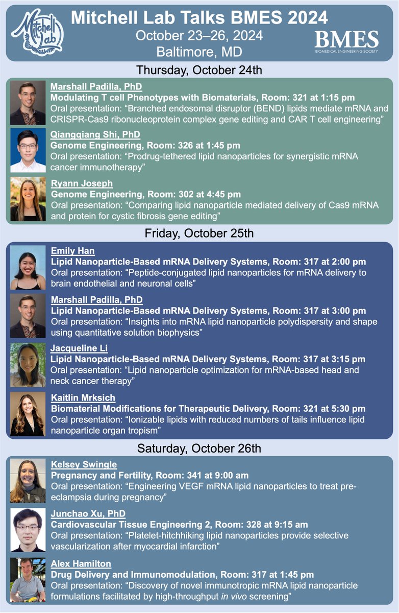 Mike Mitchell (@mjmitchell_lab) on Twitter photo We will have 10 talks by <a href="/ShiQiangqiang/">Qiangqiang Shi</a>, <a href="/SwingleKelsey/">Kelsey Swingle</a>, <a href="/a_hmltn/">Alex Hamilton</a>, <a href="/Junchao_online/">Junchao Xu</a>, <a href="/ryannjoseph_/">ryann joseph</a>, <a href="/KaitlinMrksich/">Kaitlin Mrksich</a>, <a href="/_emilyhan_/">Emily Han</a>, and Marshall Padilla on lipid nanoparticles for solid tumor immunotherapy, cardiovascular disease, in situ immune cell engineering, and brain delivery We will have 10 talks by <a href="/ShiQiangqiang/">Qiangqiang Shi</a>, <a href="/SwingleKelsey/">Kelsey Swingle</a>, <a href="/a_hmltn/">Alex Hamilton</a>, <a href="/Junchao_online/">Junchao Xu</a>, <a href="/ryannjoseph_/">ryann joseph</a>, <a href="/KaitlinMrksich/">Kaitlin Mrksich</a>, <a href="/_emilyhan_/">Emily Han</a>, and Marshall Padilla on lipid nanoparticles for solid tumor immunotherapy, cardiovascular disease, in situ immune cell engineering, and brain delivery