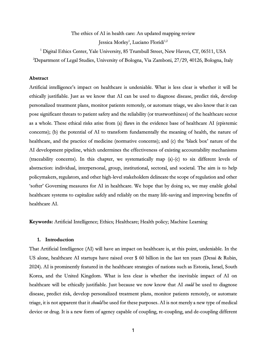 🚨 [AI RESEARCH] The paper "The Ethics of AI in Health Care: An Updated Mapping Review" by @jessRmorley &amp; @Floridi is GREAT for understanding ethical issues in AI-powered healthcare. 3 core ethical concerns everybody should be familiar with:

1️⃣  Epistemic concerns: inconclusive,