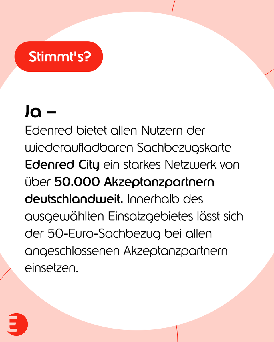 Mit über 50.000 Partnern deutschlandweit bietet die Edenred City Karte eine enorme Flexibilität. Egal ob fürs Einkaufen, Tanken, Essen gehen oder mehr – Ihre Möglichkeiten sind nahezu grenzenlos. 🛍️🍽️🚗 Das war unser letzter Mythos – vielen Dank, dass Sie mit dabei waren! 👏