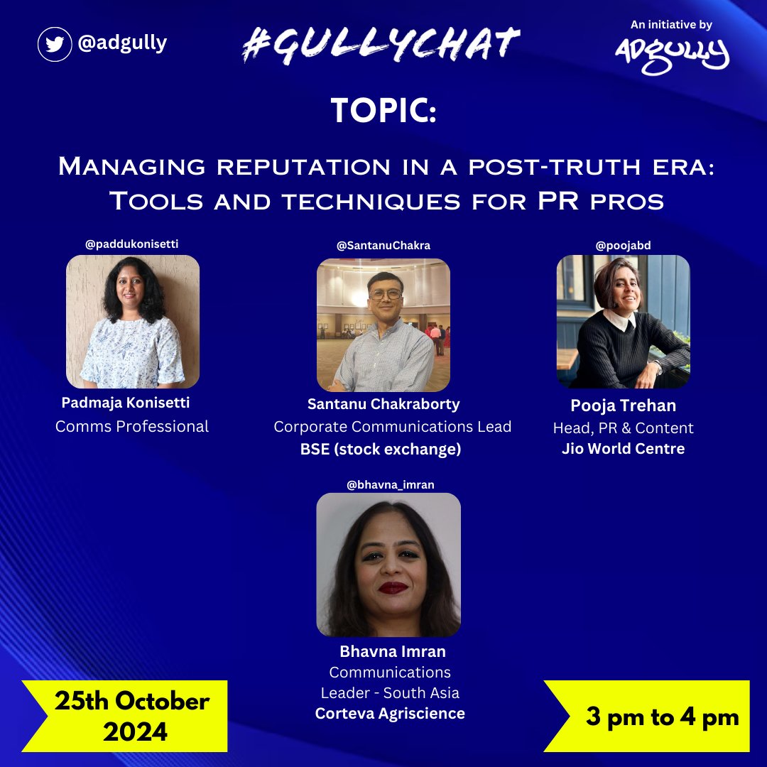 Adgully (@adgully) on Twitter photo Join us for the latest edition of #GullyChat
Be part of the conversation on 25/10/2024, from 3 PM to 4 PM!
Calling all #PRProfessionals to dive into this insightful discussion.
<a href="/paddukonisetti/">Padmaja</a> <a href="/SantanuChakra/">Santanu Chakraborty</a> <a href="/PoojaBD/">Pooja Trehan</a> <a href="/bhavna_imran/">Bhavna Imran</a> Join us for the latest edition of #GullyChat
Be part of the conversation on 25/10/2024, from 3 PM to 4 PM!
Calling all #PRProfessionals to dive into this insightful discussion.
<a href="/paddukonisetti/">Padmaja</a> <a href="/SantanuChakra/">Santanu Chakraborty</a> <a href="/PoojaBD/">Pooja Trehan</a> <a href="/bhavna_imran/">Bhavna Imran</a>
