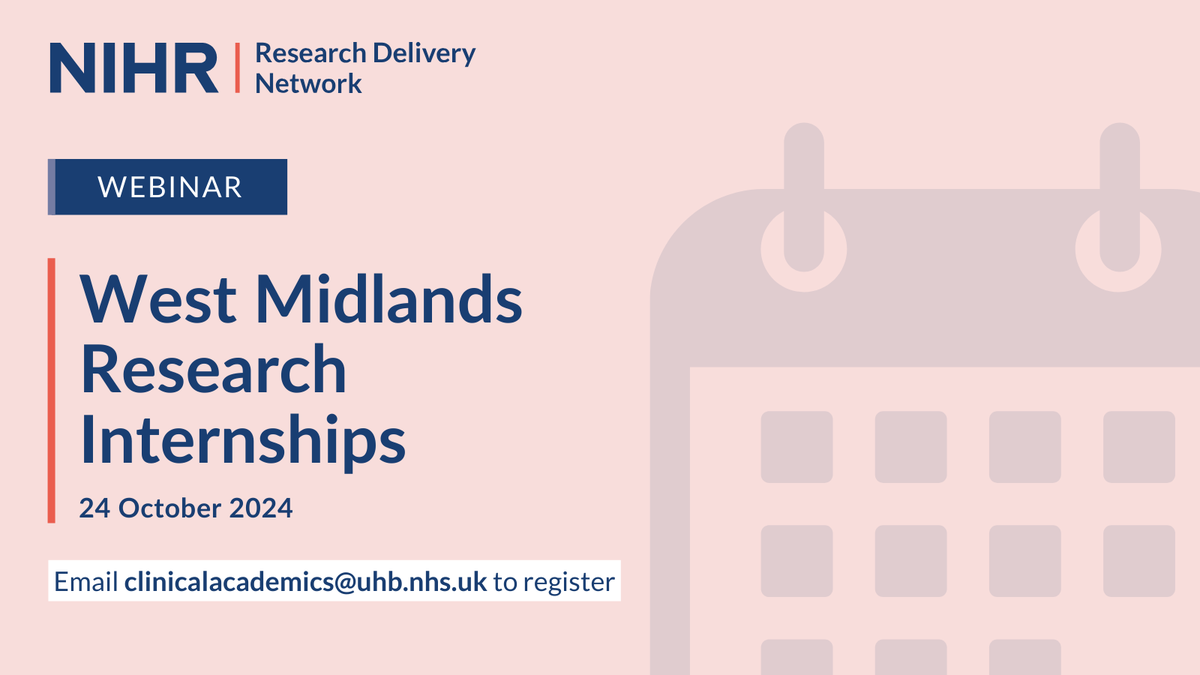 NIHR Research Delivery Network (@nihrrdn) on Twitter photo Are you interested in a #ResearchCareer? Healthcare professionals working with #NHS patients in the West Midlands can now apply for the #NIHRfunded Research Internship Programme. Attend a webinar to learn more!
📧 Email clinicalacademics@uhb.nhs.uk to register
<a href="/uhbtrust/">University Hospitals Birmingham</a> Are you interested in a #ResearchCareer? Healthcare professionals working with #NHS patients in the West Midlands can now apply for the #NIHRfunded Research Internship Programme. Attend a webinar to learn more!
📧 Email clinicalacademics@uhb.nhs.uk to register
<a href="/uhbtrust/">University Hospitals Birmingham</a>