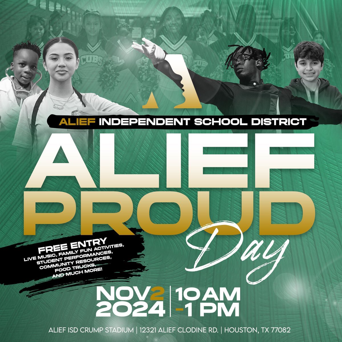 The Alief Proud Festival is on November 2nd from 10 a.m. to 1 p.m. at Alief Crump Stadium! This free, family-friendly event is open to all ages. Come celebrate with us! #AliefProud