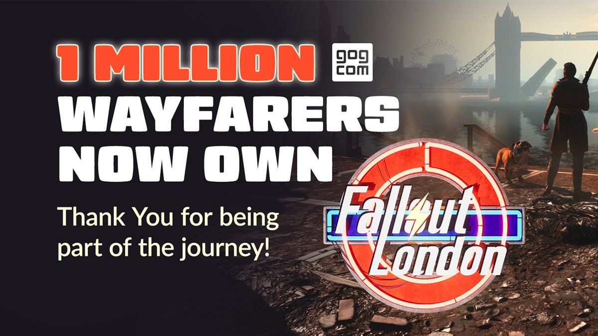 The milestone of 1 MILLION owners of Fallout: London has been reached!

This means that 1 million Wayfarers have gone to explore this amazing project of <a href="/TeamFOLON/">Team FOLON</a>! 

Thank you all, a million times 💜

Now, this is just a start, isn’t it? 
Become the Wayfarer yourself: