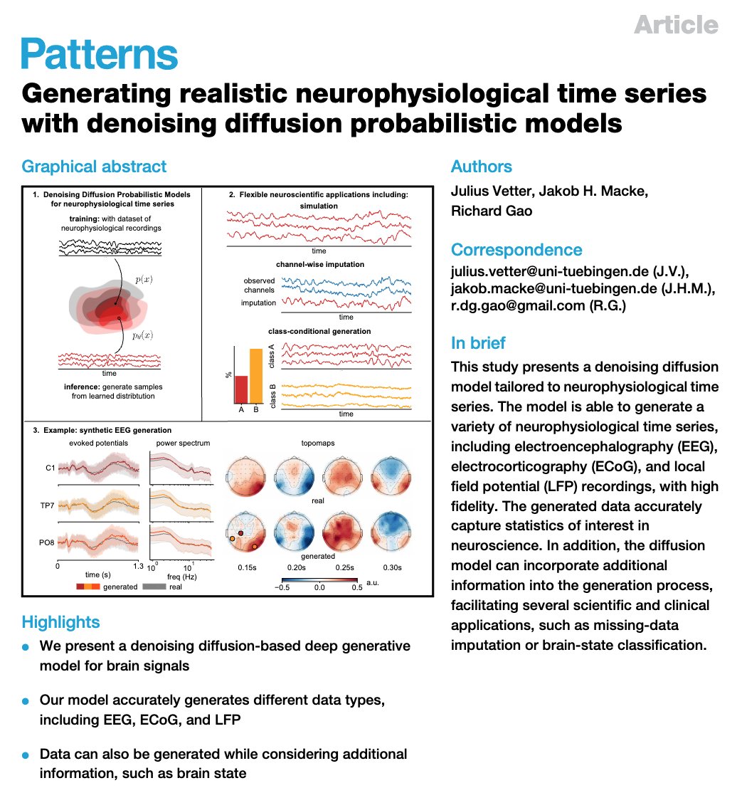Want a tool that uses ML to generate REALLY good fake brain recordings?

You're getting one. Julius' paper on diffusion models for brain data is published! 

Works with all kinds of densely sampled, multichannel continuous signals (LFP, EEG, etc.)

cell.com/patterns/fullt…