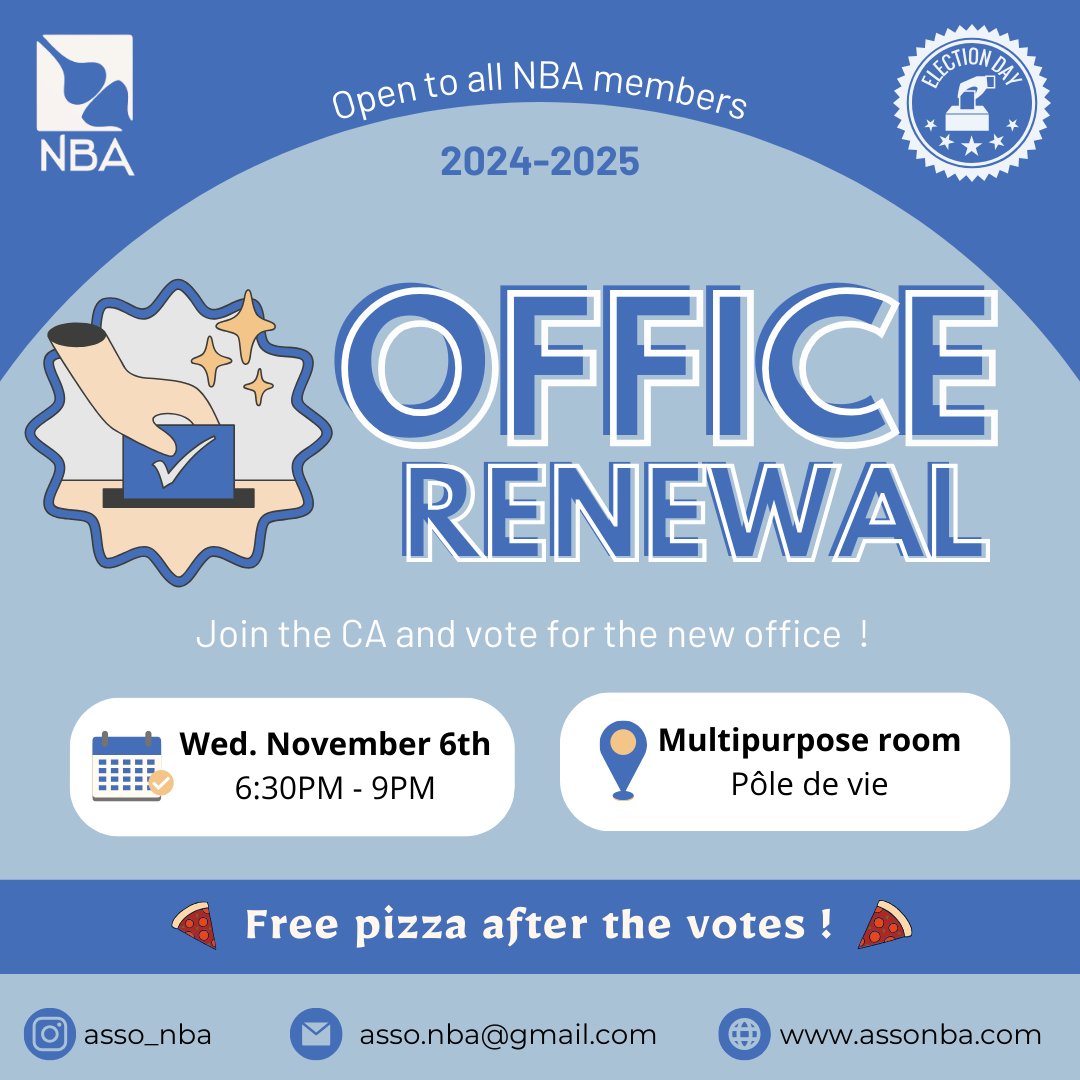 The NBA's general assembly for 2024-2025 is on 📅Wednesday November 6th at 6:30pm at the Pôle de vie Multipurpose room. Come if you want to be part of the association. Afterwards, you will be offered a pizza buffet! You can also come retrieve your Balthazar membership cards :)