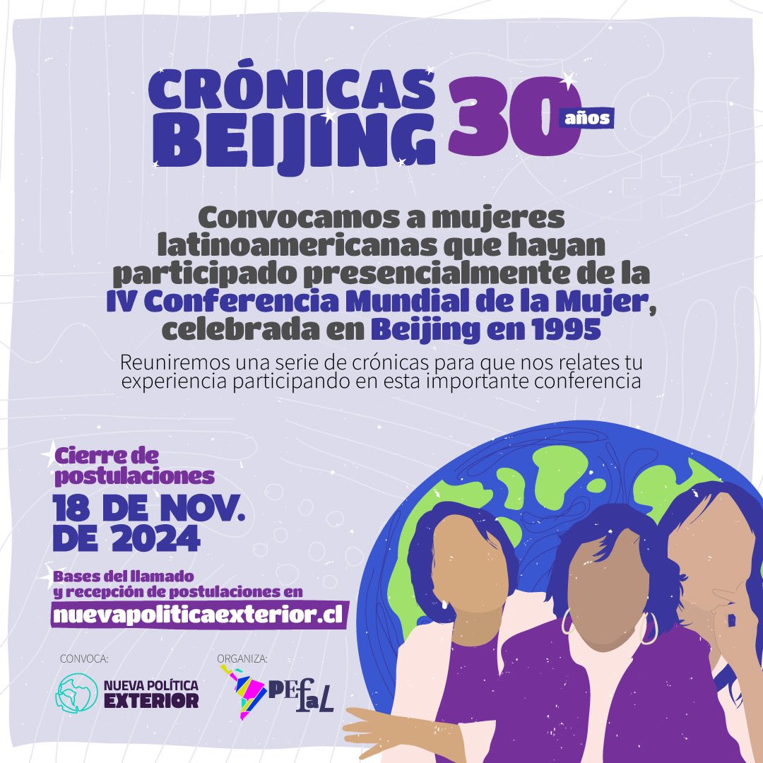 nueva_polext's tweet image. 📢¡Convocatoria abierta! Si participaste en la IV Conferencia de la Mujer (Beijing 1995), postula a nuestro proyecto 'Crónicas Beijing 30 años' y comparte tu experiencia!

👩‍💼 Cierre de postulaciones: 18 Nov. 2024

🗓️Revisa pagos y términos del concurso en: nuevapoliticaexterior.cl/llamado-para-p…