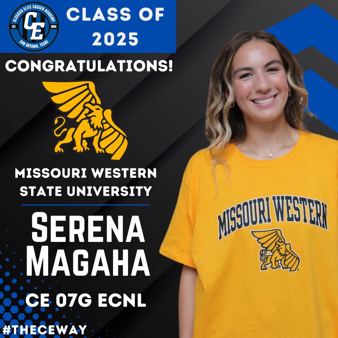 Congratulations to Serena Magaha from our CE 06/07G ECNL for committing to continue her education and soccer career at Missouri Western State University 📚⚽️! 

🔵⚫️ #CEproud | #theCEway | #CollegeCommit