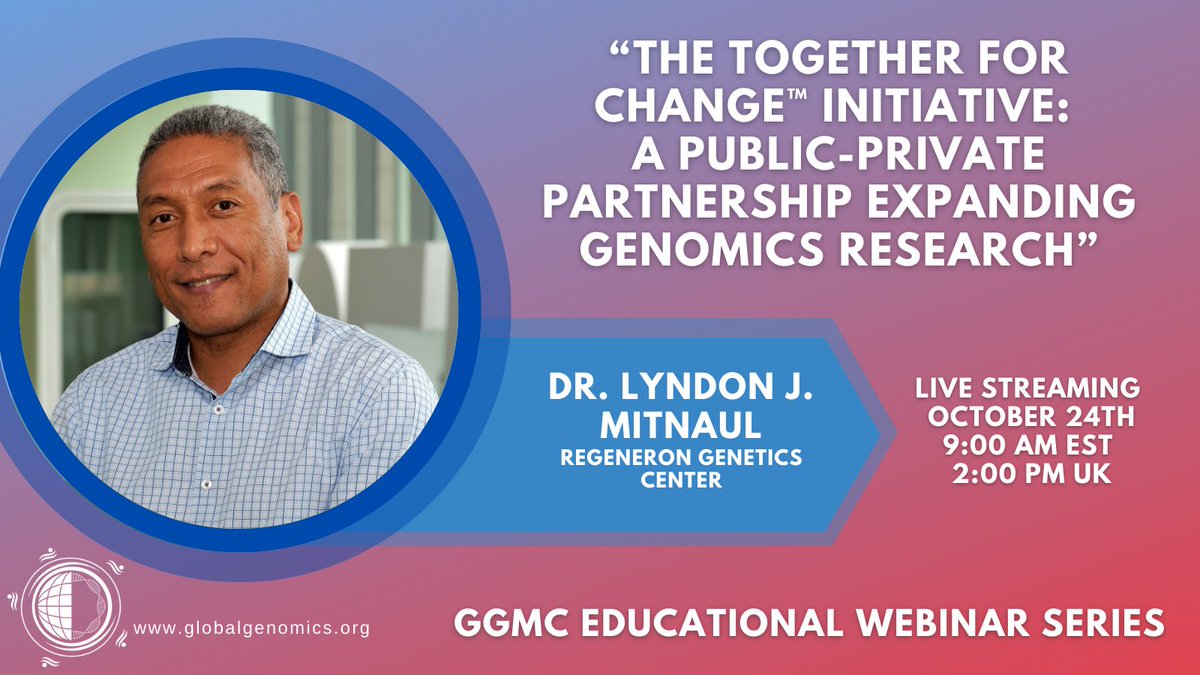 GlobalGenMed's tweet photo. 🧬 TOMORROW 🧬 

There's still time to join us for the next GGMC Educational Webinar Series feat. Dr. Lyndon J. Mitnaul, who will discuss the "Together for Change" initiative.

Live at 9AM EST. Sign up: https://t.co/DHuu0ck0q8

@Regeneron #Genomics #TogetherForChange https://t.co/n7t2H8rmy3