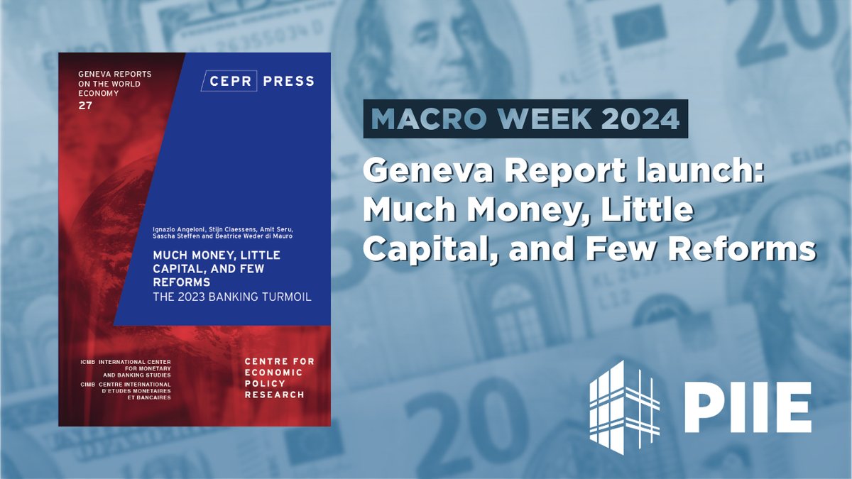 PIIE's tweet image. NOW: The launch of the 27th @cepr_org Geneva Report at #MacroWeek2024!
Watch @nicolas_veron, @bweder, Stijn Claessens @YaleSOM, &amp;amp; Stefan Ingves @_TorontoCentre live: piie.com/events/2024/ma…