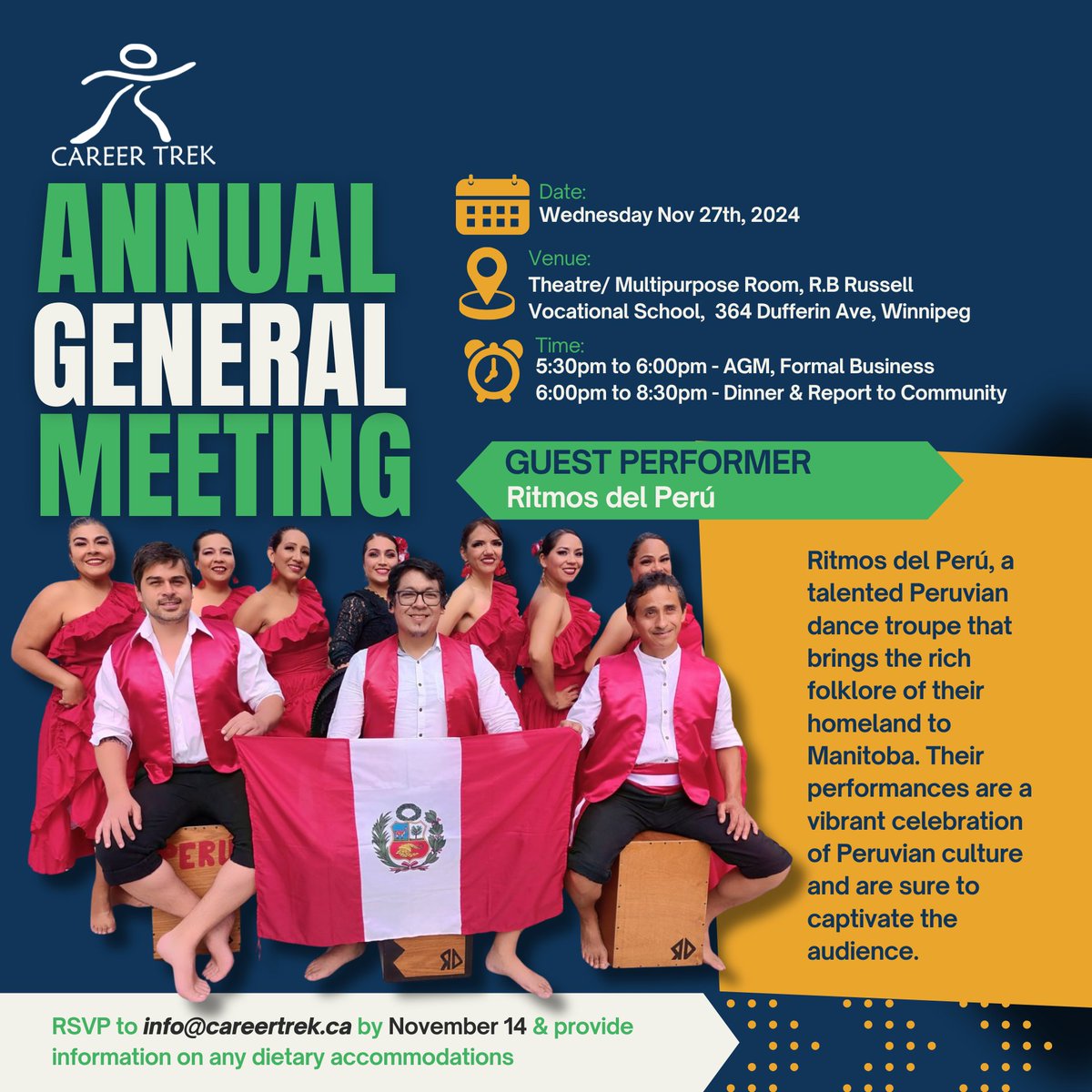 Join Us for Career Trek’s AGM!

We’re thrilled to have Ritmos del Peru perform an Afro-Peruvian dance at the event! 🇵🇪💃🏽 Enjoy the vibrant rhythms of Afro-Peruvian music, featuring the iconic Peruvian Cajón.

RSVP by November 14 to info@careertrek.ca.
