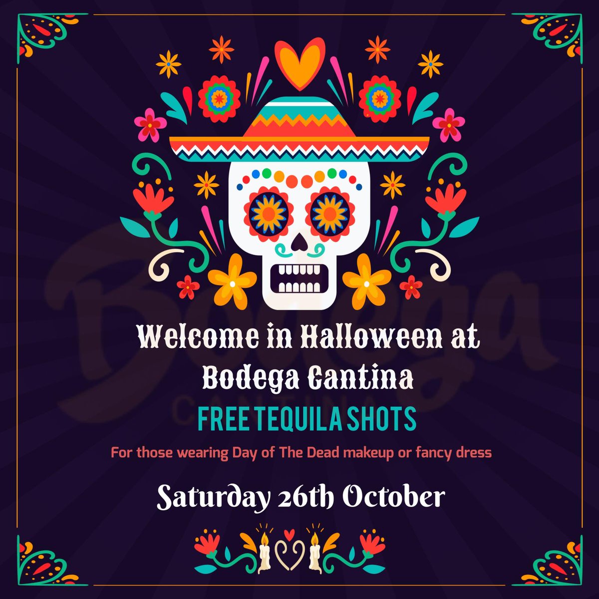 Join us for a Halloween Fiesta this Saturday 🎉💀

On 25th October, we invite you to dress in your best Day of the Dead makeup or fancy dress and enjoy a FREE tequila shot to start the night off right 🍹🔥

Who’s ready to party? 👻