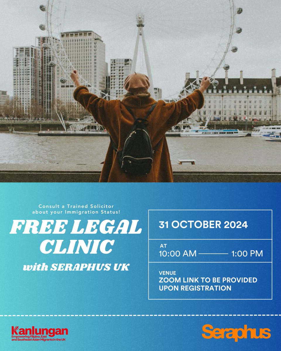 Kanlungan Filipino Consortium (@kanlunganuk) on Twitter photo 📣 Join us to receive advice about the your immigration status! If interested, you may contact Norwyn Crame (norwyn@kanlungan.org.uk / 07562950623) for an initial call to draft a summary of your case. 📣 Join us to receive advice about the your immigration status! If interested, you may contact Norwyn Crame (norwyn@kanlungan.org.uk / 07562950623) for an initial call to draft a summary of your case.