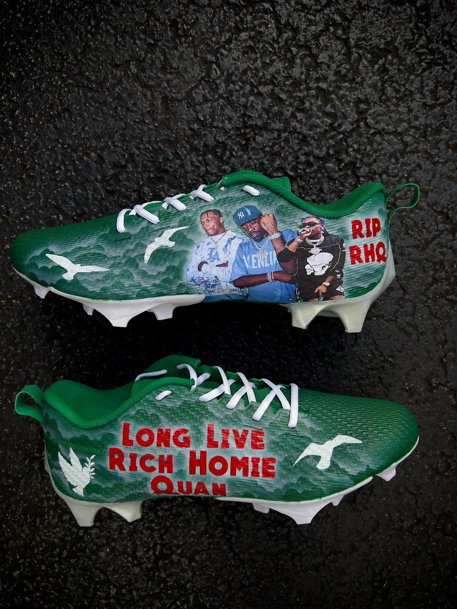 Rich Homie Quan Tribute custom cleats 🕊️🕊️ <a href="/RichHomieQuan/">RICH HOMIE BABY!</a>