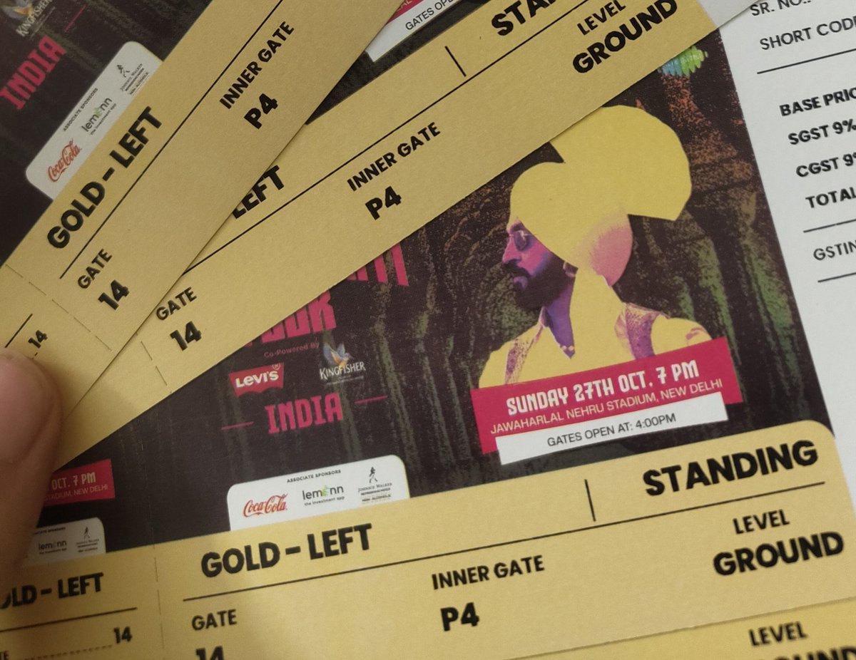 Sanskarhingoran's tweet photo. Diljit concert day 2 tickets available selling out fast 
Gold and fanpit available 
H2h transfer 
These are mine genuine dm fastt take now 
#delhi #concert #physicaltickets https://t.co/Zw7JBY8hln