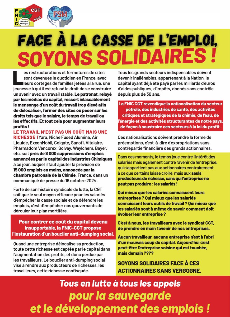 Tous en lutte à tous les appels pour la sauvegarde
et le développement des emplois !