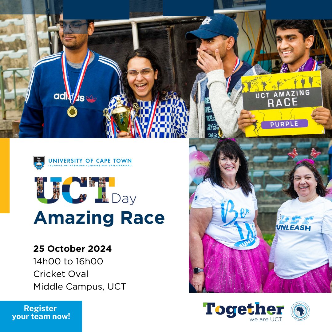 Get ready for the UCT Day amazing race!

Gather your team of four and show off your creative thinking skills and speed at this year’s Amazing Race.

Book your spot and help a great cause. All proceeds will go directly to the UCT Food Sovereignty Fund, supporting students facing