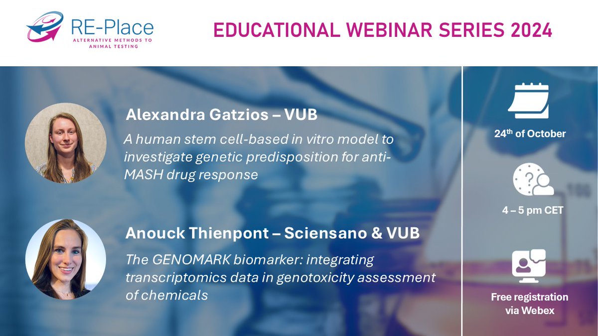 📢 You can still register for our next webinar tomorrow from 4 to 5 pm! 

We will welcome Alexandra Gatzios (Vrije Universiteit Brussel) and Anouck Thienpont (Sciensano) to discuss their work on #NAMs

Register now for free via sciensano.webex.com/weblink/regist…