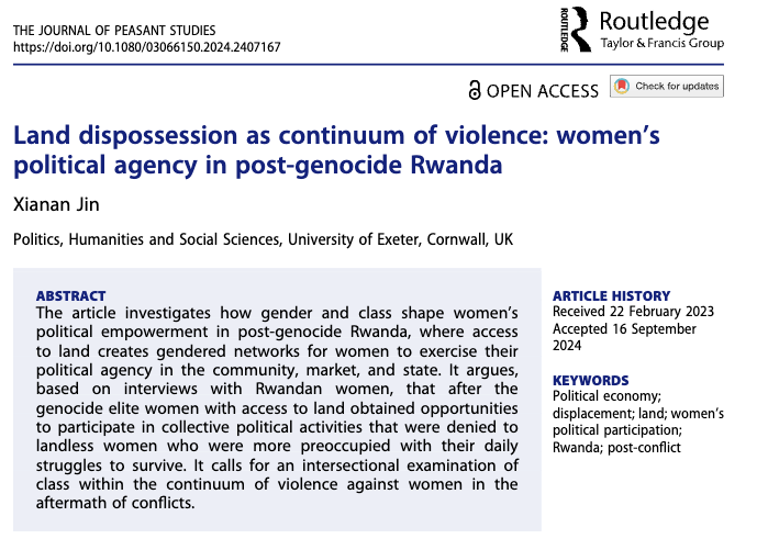 jin_alison's tweet image. My first single-authored paper is out in @Peasant_Journal w/#OpenAccess. 

It explores how land shapes women&apos;s agency across intersecting identities after the genocide in #Rwanda, and theorises the nexus between land dispossession and gendered violence👇 doi.org/10.1080/030661…