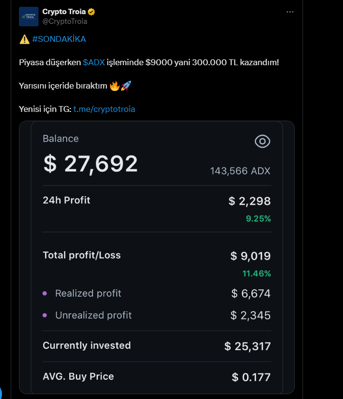 $ADX den troia köşeyi dönmüş. 
Önce $ADX in tahtasında bot yok $ADX şöyle uçacak böyle kaçacak dedi , sonrasında en tepeden takipçilerine malı boşalttı. 300.000 TL kazanmış takipçilerinin üzerine mal boşaltarak. Ne diyelim haram zıkkım olsun. 🤣🤣🤣
x.com/FuckerTrader/s…