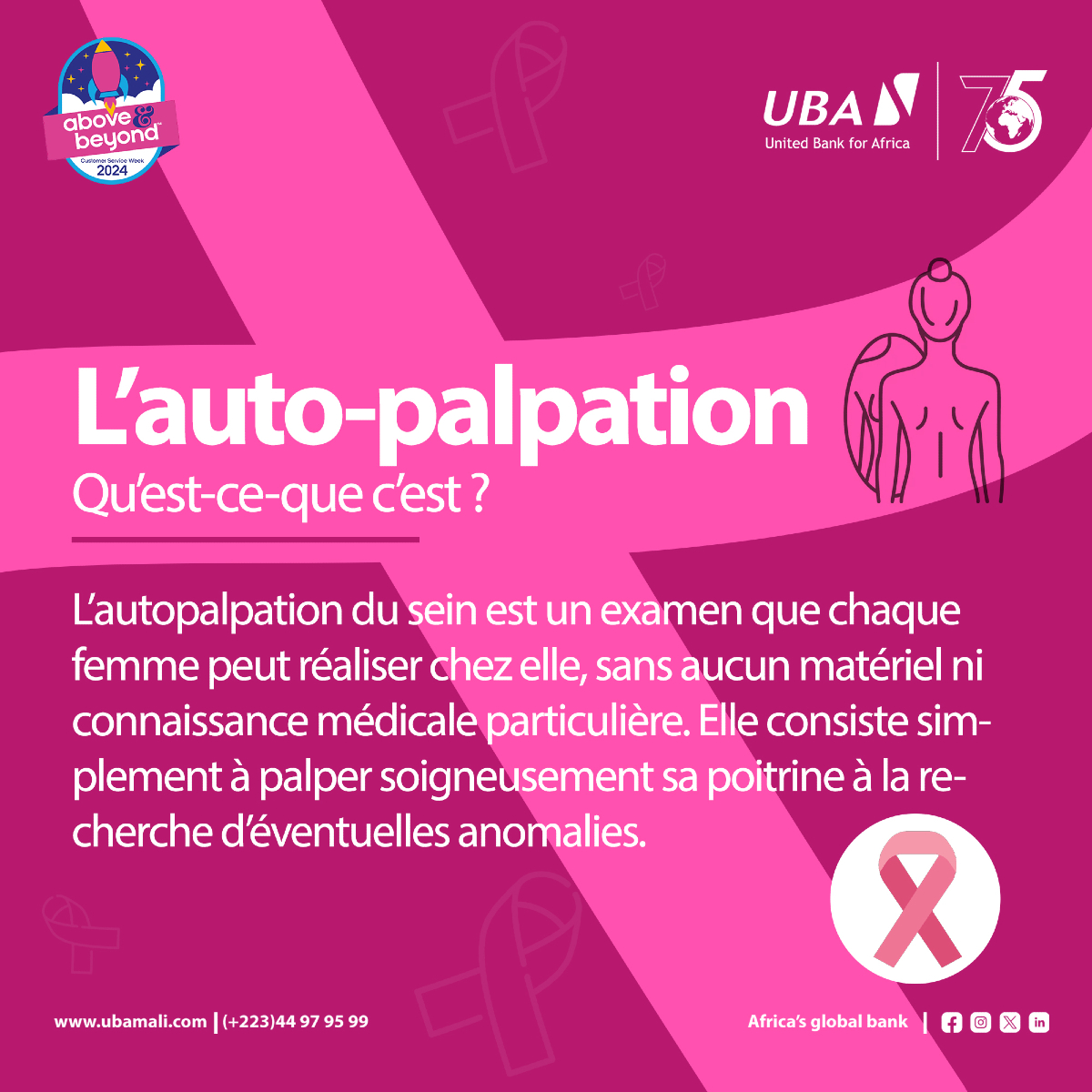UBA_Mali's tweet photo. Faites-vous dépister.​
Parlez-en autour de vous.​
Chaque geste compte. ​
Ensemble, agissons pour vaincre le cancer du sein. 🎗️​

#UBAcontreleCancerDuSein #UbaMali #octobrerose #breastcancer #pinksolidarity​
#AfricasGlobalBank https://t.co/99Vsz4Eccd