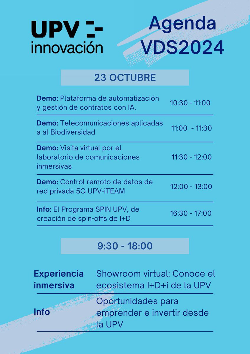 UpvInnovacion's tweet photo. #VDS2024 | Hoy 23 de octubre:
De 10.30 a 17h, demos y charlas tecnologicas del ecosistema I+D+i @UPV
Y disfruta de una experiencia de realidad mixta en el parque científico, startups, spinoffs e institutos de I+D UPV
Con #Bounsel, @iteam, #I2T @FernandoConesaC, #CubeProject https://t.co/1trucz6ODn