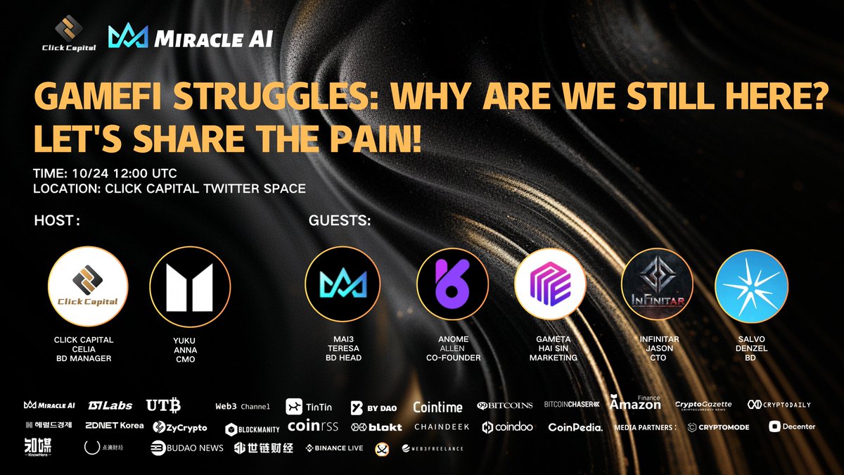 Click Capital x MAI3 AMA 👋
GameFi Struggles: Why Are We Still Here? Let’s Share the Pain! 

🔈Space Link: x.com/i/spaces/1DXxy…
⏲️Time: 10/24  12:00 UTC

👩‍🦰 Host:
Celia - BD Manager of Click Capital <a href="/Celiaweb3/">Celia</a>
Anna - CMO of YUKU <a href="/yukuapp/">Yuku AI</a>

👨‍🦰 Guests:
Teresa - MAI3 BD Head -
