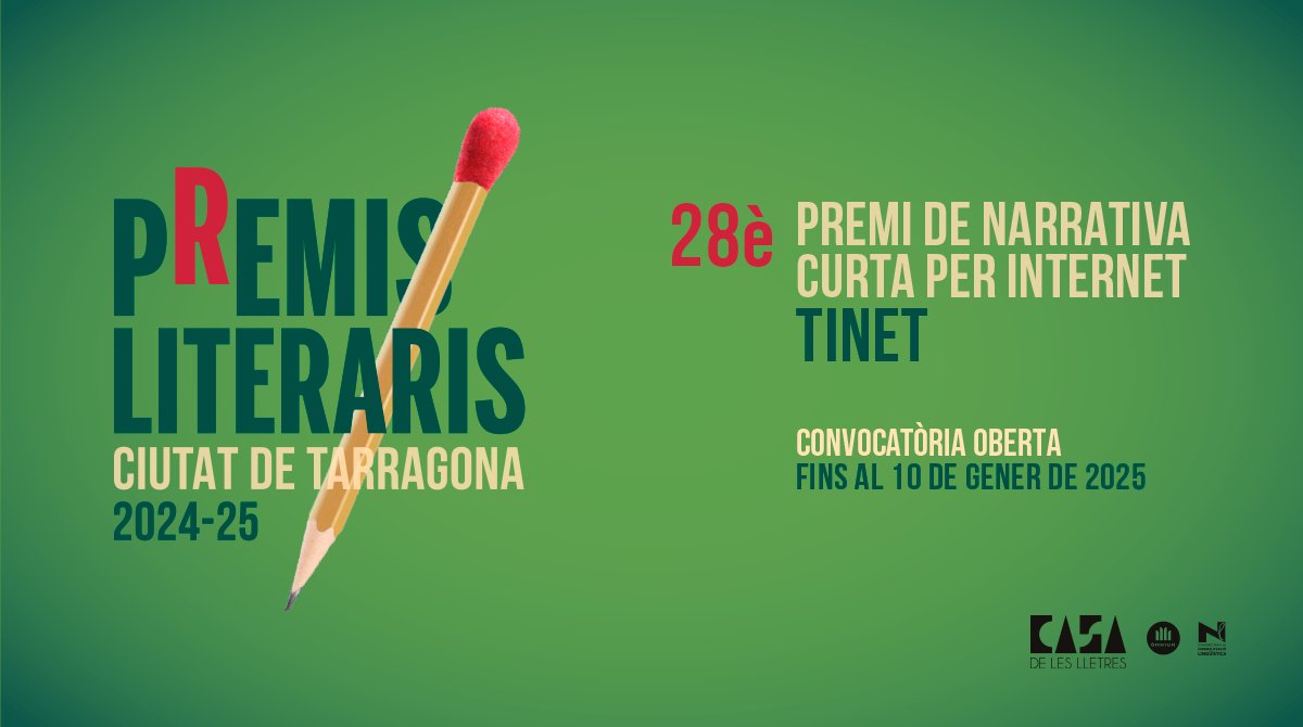 ✏️‼️ Ja pots presentar el teu relat a la 28a edició del #PremiTINET de narrativa curta per Internet, convocat en el marc dels #PremisLiterarisTGN per <a href="/TGNcultura/">Tarragona Cultura</a> <a href="/OmniumTarragone/">Òmnium Tarragonès</a> i <a href="/CNLTarragona/">CNL Tarragona</a> 

➡️Consulta'n les bases a: tinet.cat/premi-tinet-de… #CulturaDipta #Tarragona
