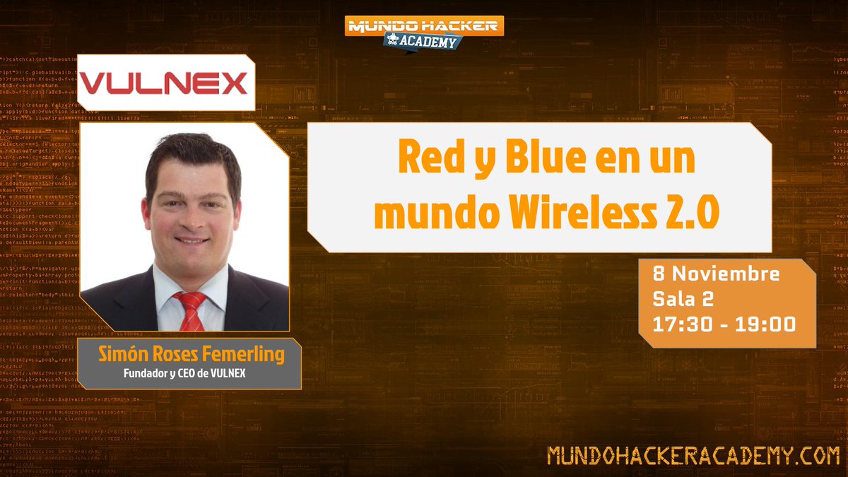 #MundoHackerAcademy2024 

- Taller de Seguridad WIFI 🔐

🗓️ Hora: 17:30 - 19:00
👨‍🏫 Ponente: Simón Roses Femerling

Conoce las últimas tendencias en ataques y defensas en redes WIFI. 

🎟️ Últimas entradas: 👉 mundohackeracademy.com

#Ciberseguridad #WIFI