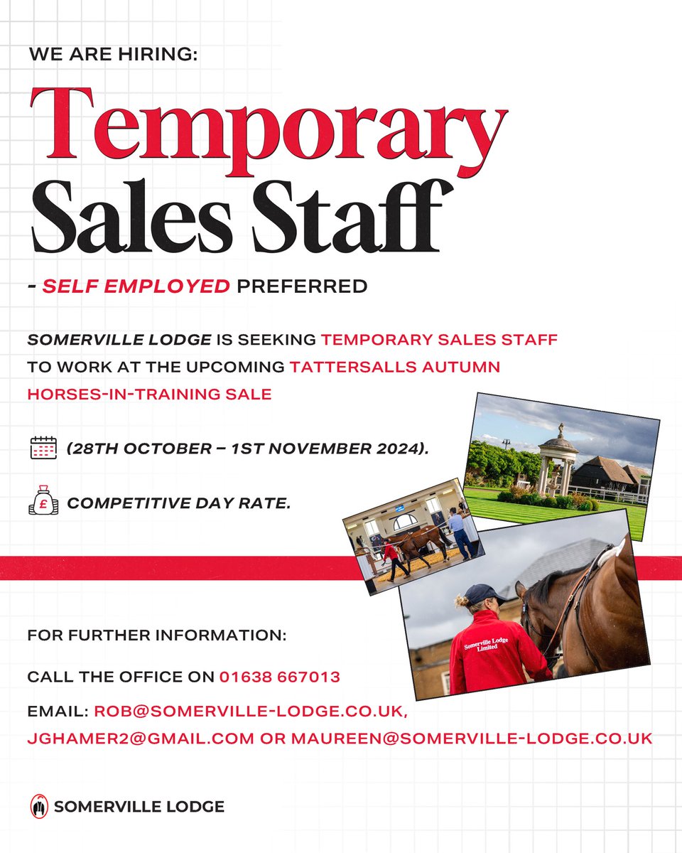 We are seeking temporary Sales Staff to work at the upcoming Tattersalls Autumn Horses-in-Training Sale 🐎

Get in contact for further information ⬇️
☎️01638 667013   
📧rob@somerville-lodge.co.uk, jghamer2@gmail.com or maureen@somerville-lodge.co.uk