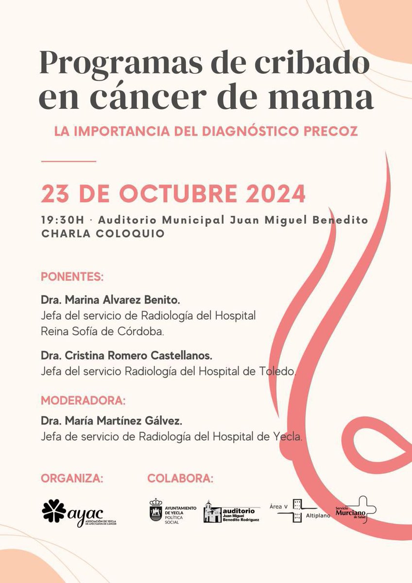 Esta tarde, miércoles 23 de octubre a las 19:30 h en el Auditorio Municipal, charla-coloquio sobre “Programas de cribado en cáncer de mama: la importancia del diagnóstico precoz”.

👉🏼 Organiza <a href="/AYACYecla/">AYAC</a>  y colabora la concejalía de Política Social y <a href="/Area5Altiplano/">Área V Altiplano</a>.