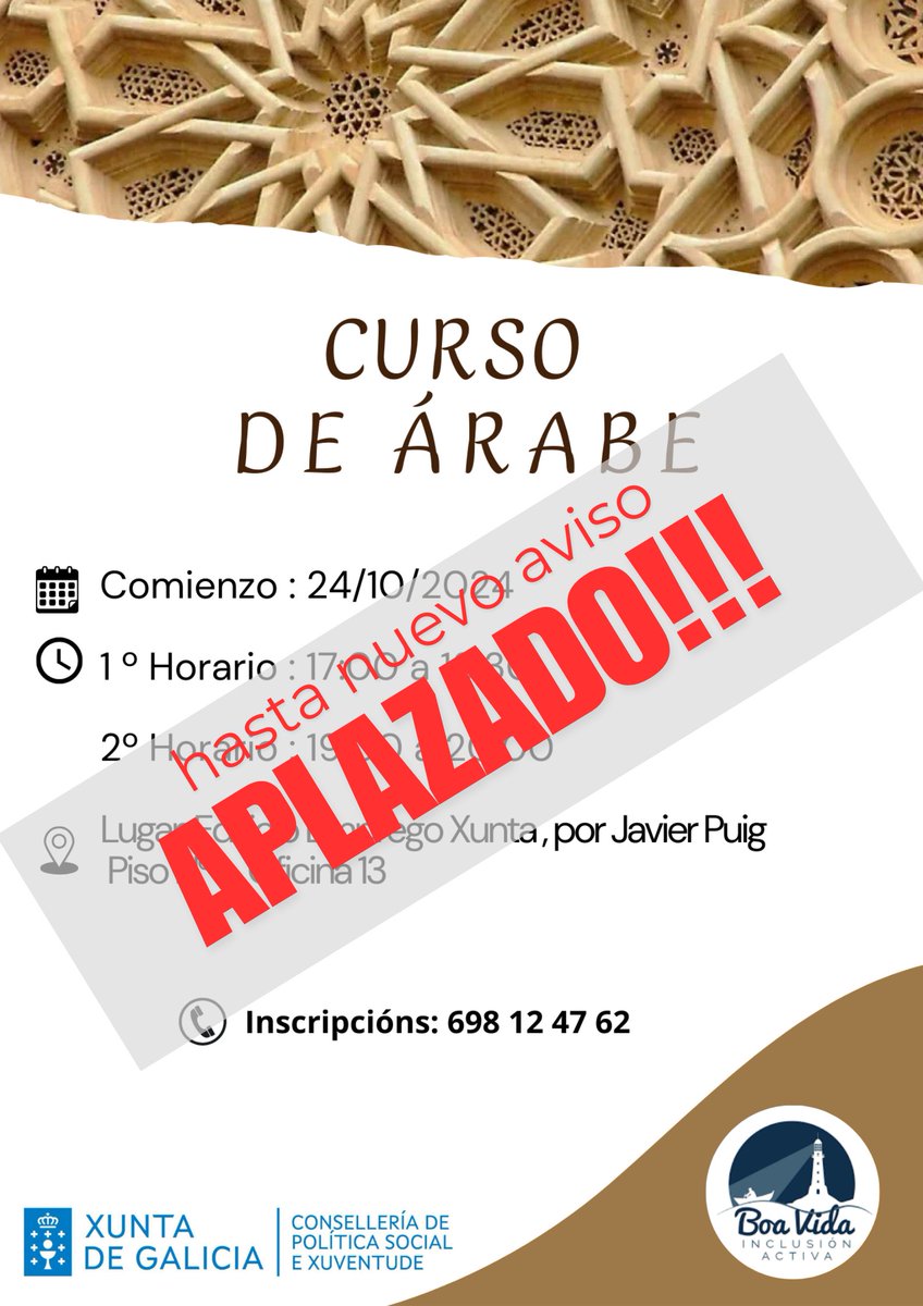📢 ¡ATENCIÓN! 📢
El Curso de Árabe,  ha sido aplazado hasta nuevo aviso. 😔
Os mantendremos informados sobre las nuevas fechas tan pronto como sea posible. Si tienes alguna duda o consulta, puedes ponerte en contacto con nosotros en el 698124762